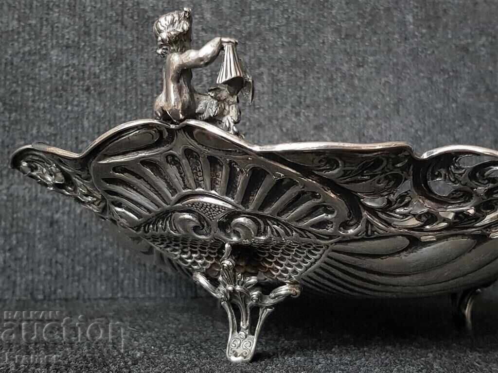 Baroque silver fruit bowl tray with cherub, unique beauty - 7 Baroque silver fruit bowl tray with cherub, unique beauty - 7