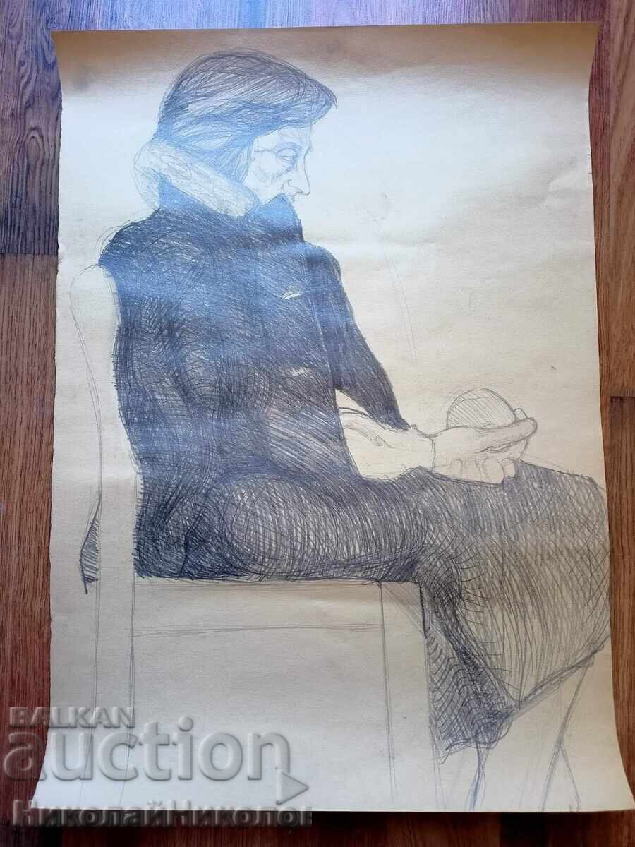 GRAPHIC PAINTING OLD WOMAN WITH WINTER COAT KADASTRON B153