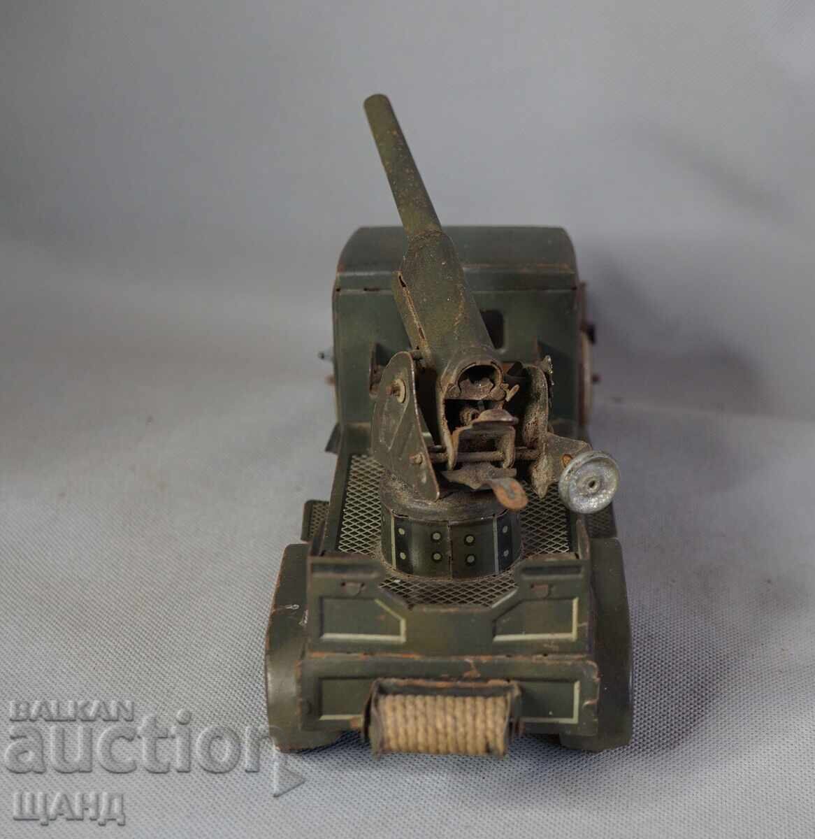 Доставка на Типко 1930 Метална механична играчка Военен Камион Гаубица Доставка на Типко 1930 Метална механична играчка Военен Камион Гаубица