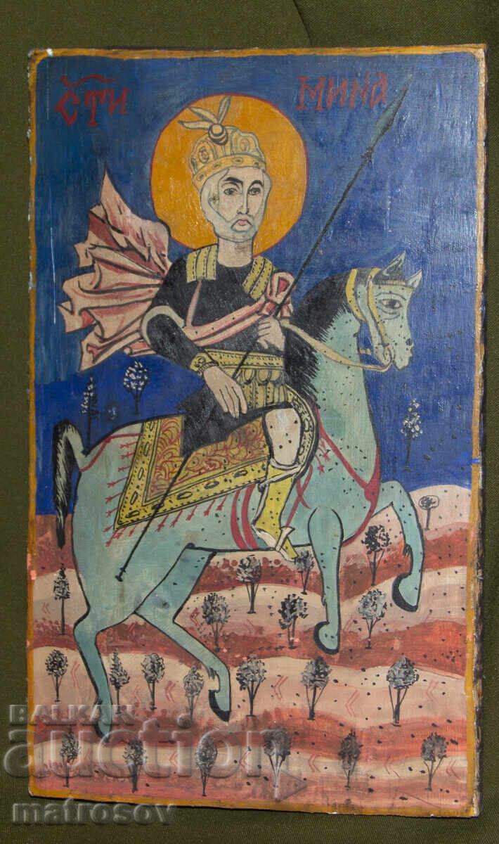 Icoană pictată manual, vopsele tempera, Sfântul Mina