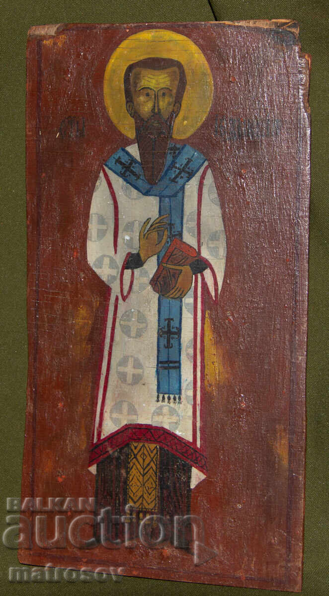 Παλιά χειροποίητη εικόνα, τέμπερα, Άγιος Βασίλειος με τιμή 200.00 BGN | € 102.26