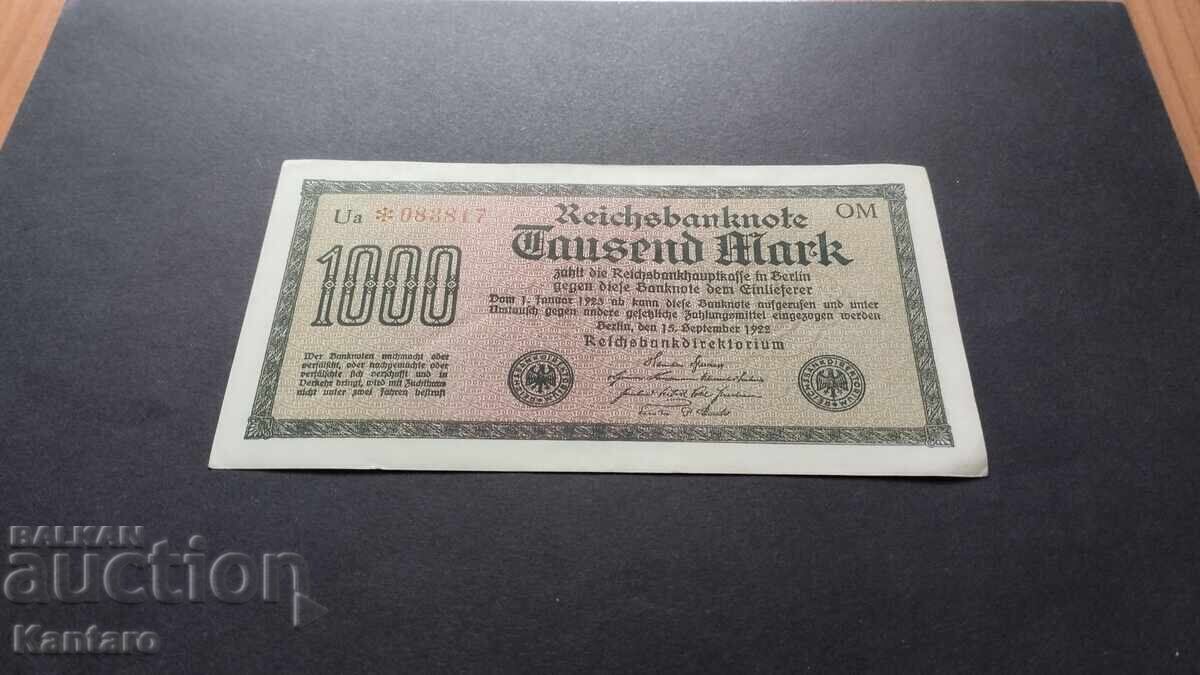 Bancnota - GERMANIA - 1000 Marci - 1922 cu preț 3.00 BGN | € 1.53 Bancnota - GERMANIA - 1000 Marci - 1922 cu preț 3.00 BGN | € 1.53