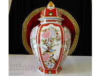 Urnă, vas, borcan porțelan japonez Eiwa Kinsei, aur, păsări