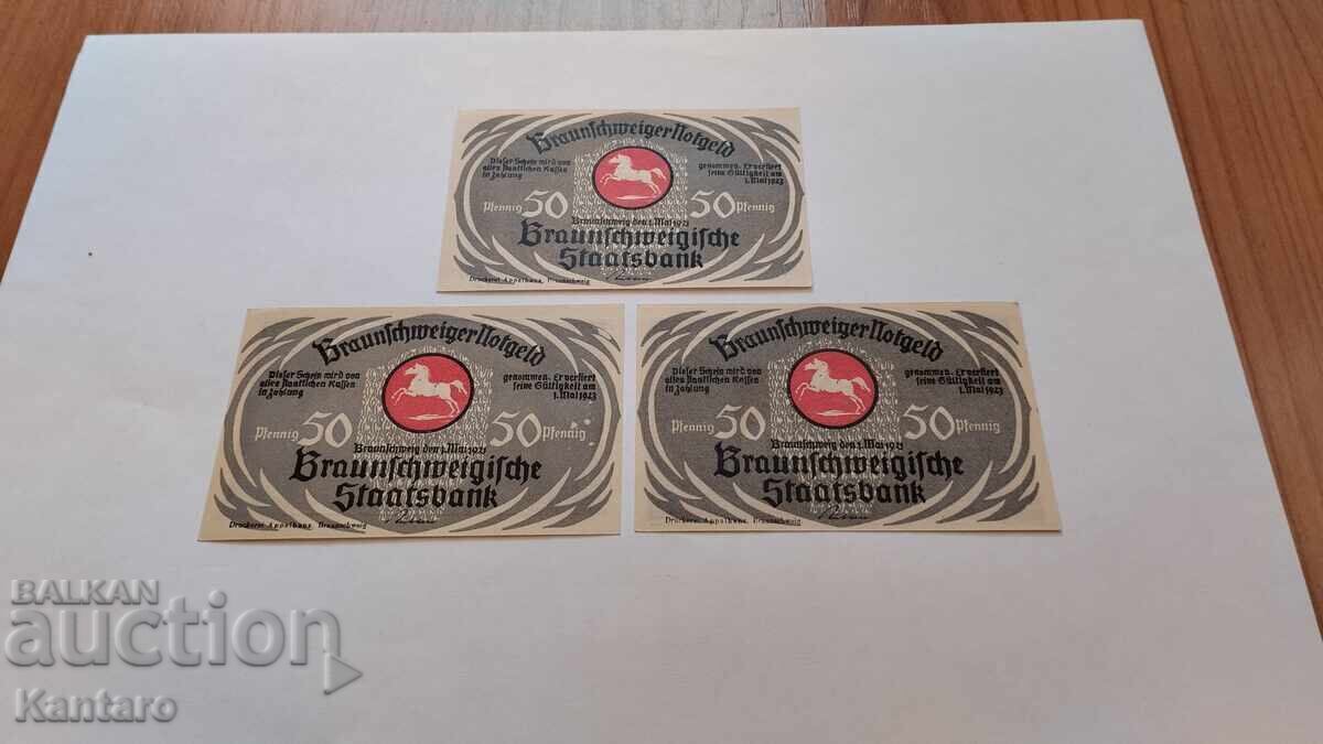 Banknote - GERMANY -50 pfennig-1921- Braunschweig-3 pcs. UNC with price 8.00 BGN | € 4.09
