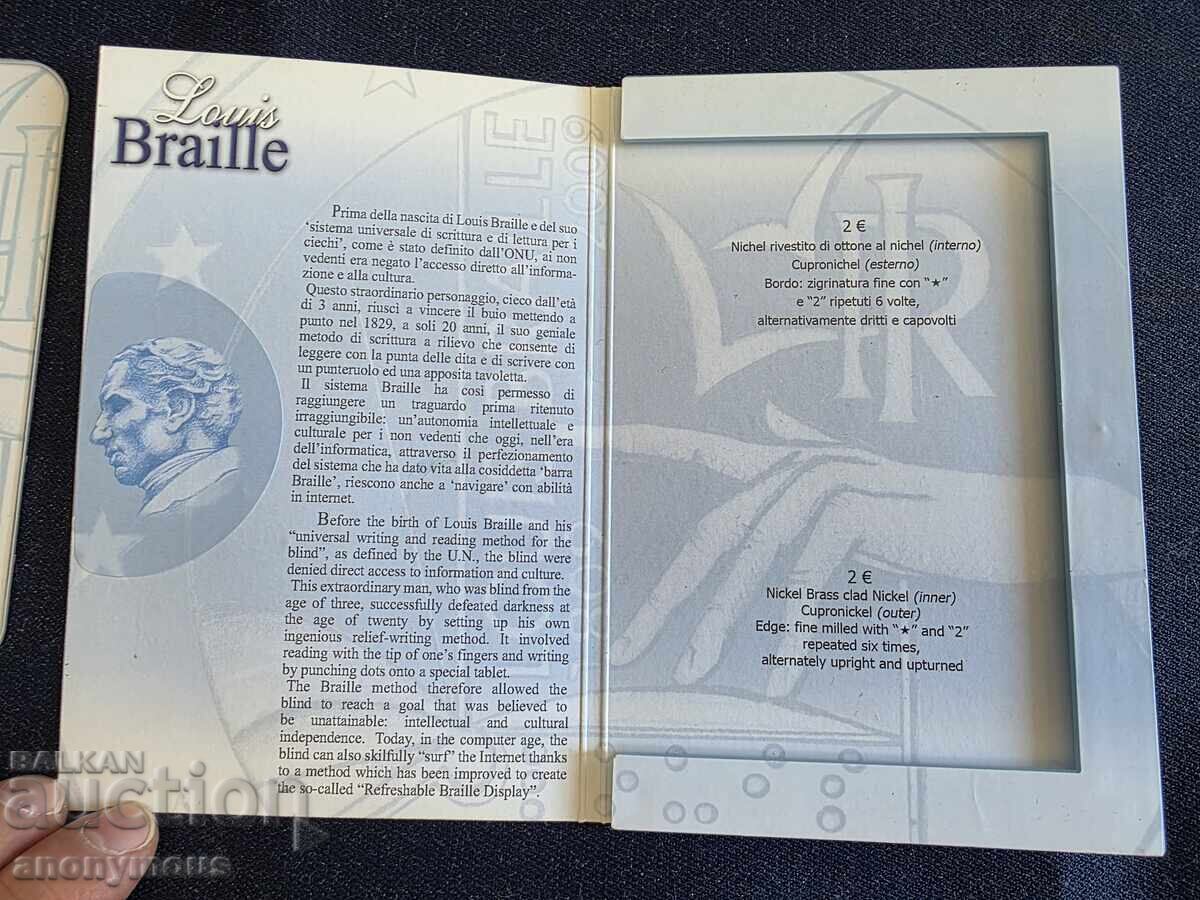 Livrarea 200 de ani Louis Braille, alfabetul 2 euro monedă Italia 2009