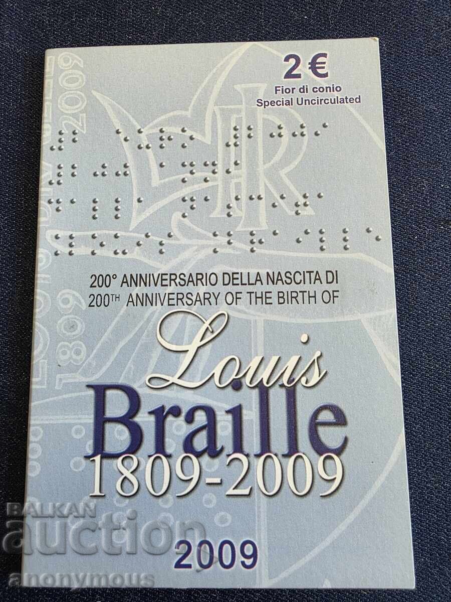 200 de ani Louis Braille, alfabetul 2 euro monedă Italia 2009
