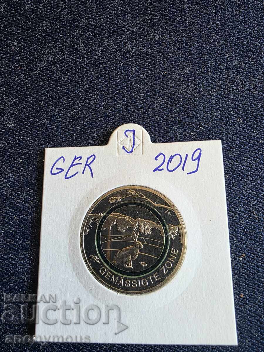 5 Евро монета Германия умерен пояс,регион J 2019