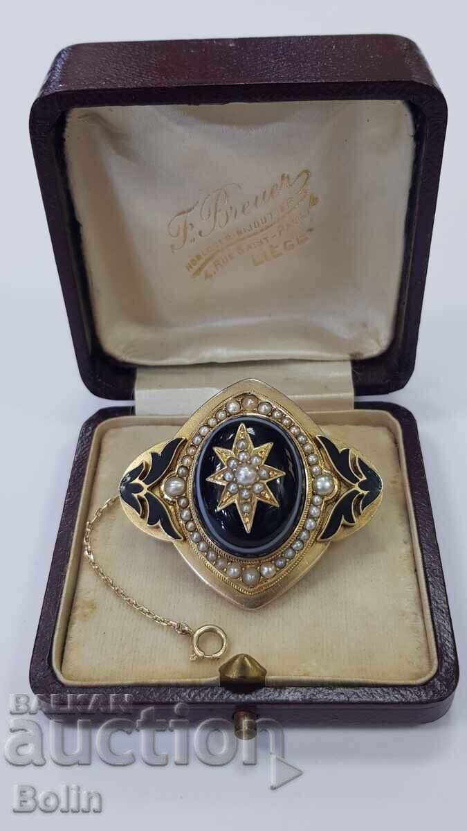 Μοναδικά όμορφη χρυσή καρφίτσα με μαργαριτάρια, αχάτη και σμάλτο - 14 καρατίων με τιμή 4800.00 BGN | € 2454.20