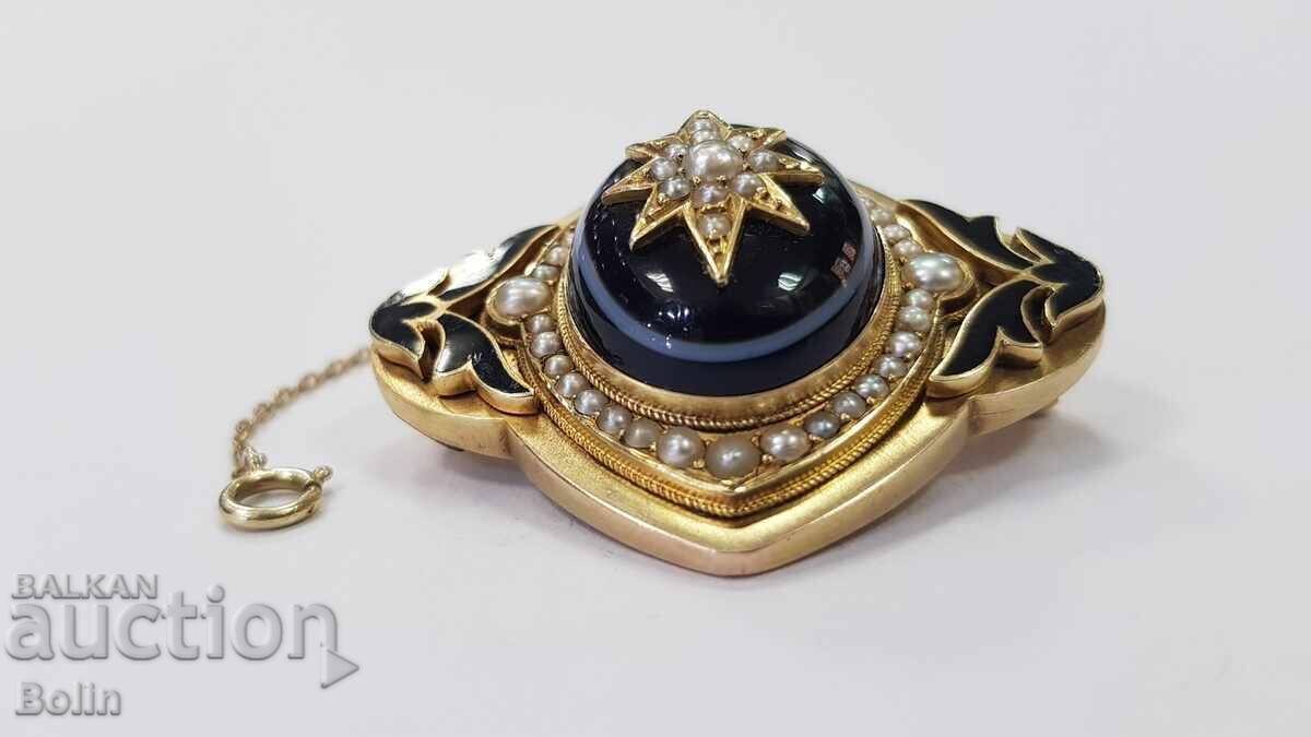 Δημοπρασία Μοναδικά όμορφη χρυσή καρφίτσα με μαργαριτάρια, αχάτη και σμάλτο - 14 καρατίων