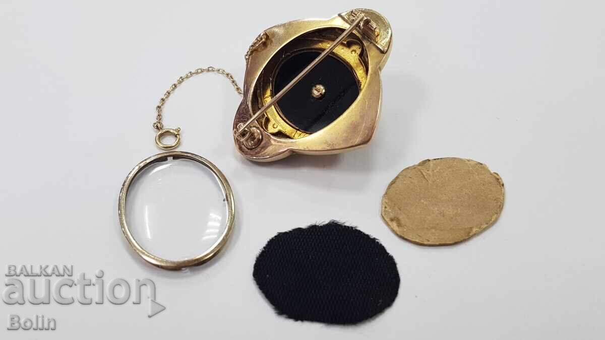 Μοναδικά όμορφη χρυσή καρφίτσα με μαργαριτάρια, αχάτη και σμάλτο - 14 καρατίων - 6