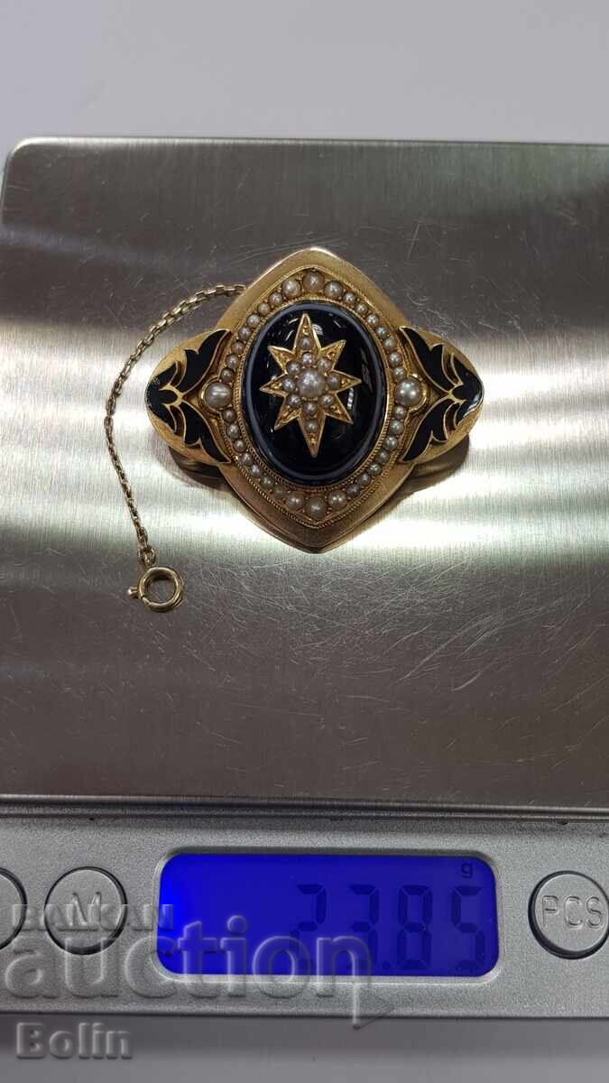 Μοναδικά όμορφη χρυσή καρφίτσα με μαργαριτάρια, αχάτη και σμάλτο - 14 καρατίων - 7