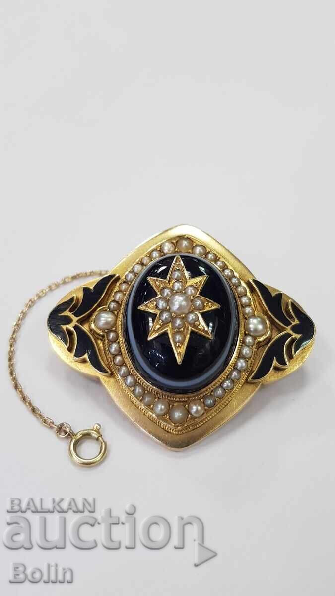 Μοναδικά όμορφη χρυσή καρφίτσα με μαργαριτάρια, αχάτη και σμάλτο - 14 καρατίων