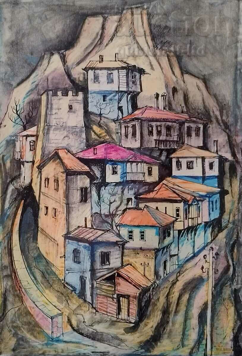 Картина "Мелник", худ. Ст. Демирев, 1976 г. с цена 530.00 лв. | € 270.98