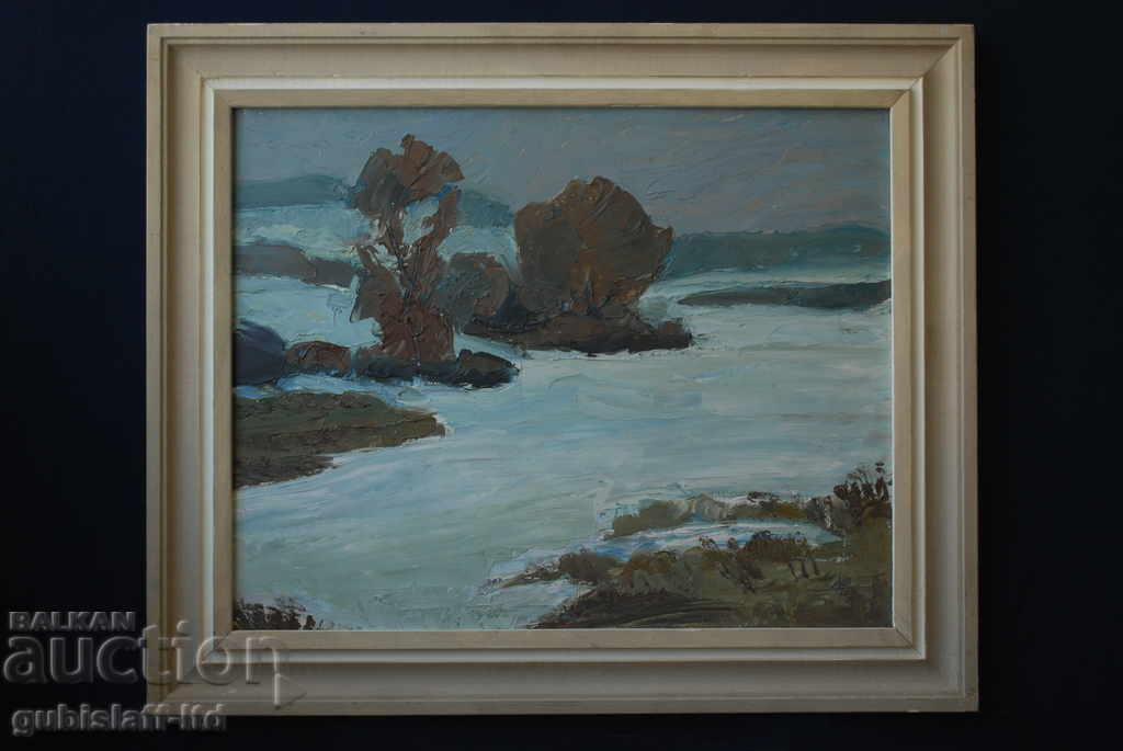 Ζωγραφική, χειμερινό τοπίο, τέχνη. Milcho Hristov, 1989