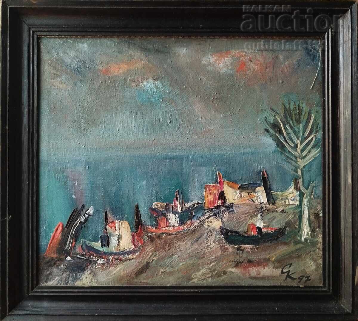 Painting, coast, boats, artist Stefan Katsarov, 1997.