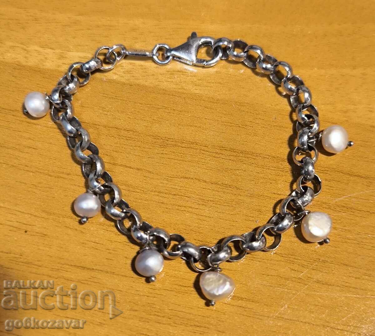 Women's solid silver bracelet with natural pearls with price € 56.00 | 109.53 BGN