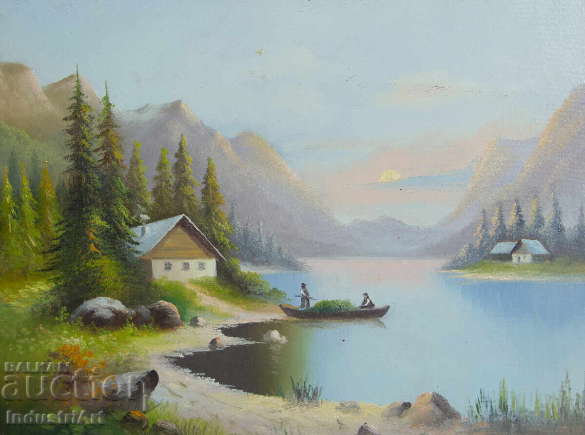 Old oil painting mountain lake