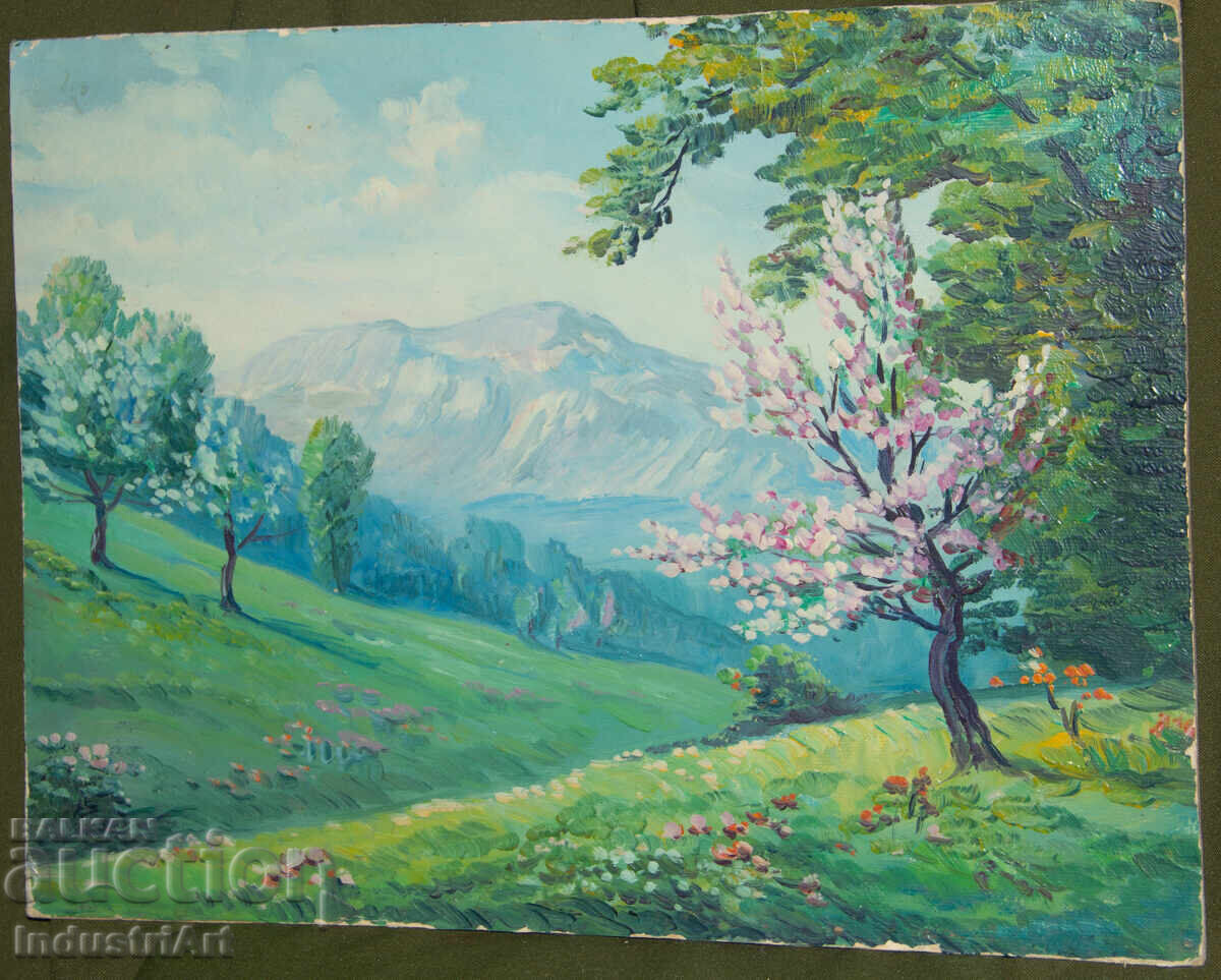 Old oil painting of a spring mountain landscape with price 220.00 BGN | € 112.48