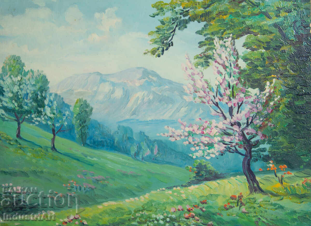 Auction  Old oil painting of a spring mountain landscape