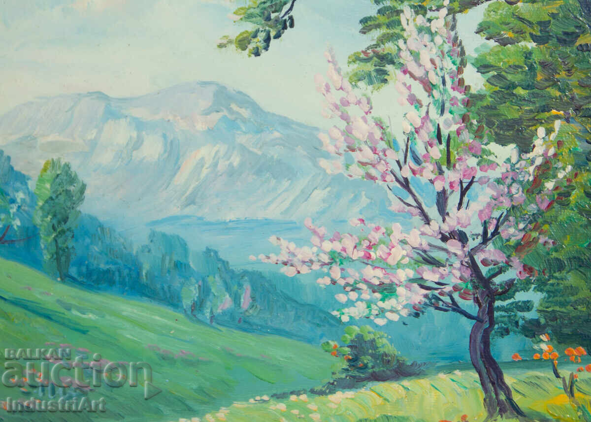 Delivery of Old oil painting of a spring mountain landscape
