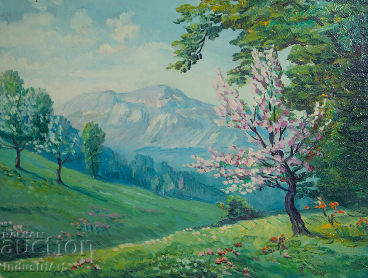 Old oil painting of a spring mountain landscape