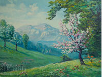 Old oil painting of a spring mountain landscape