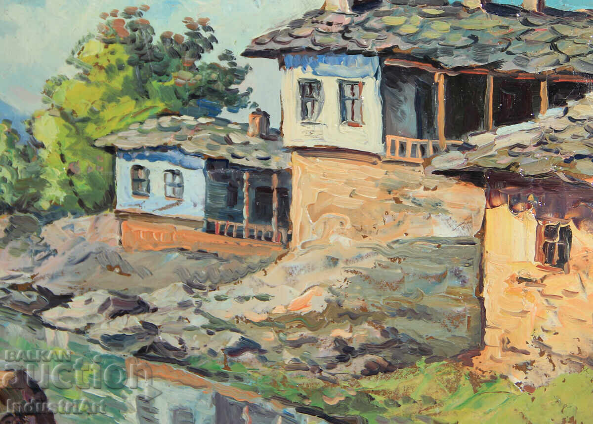 Παράδοση Παλιό μικρό ελαιογραφία, σκηνή καθημερινής ζωής, ανοιξιάτικο ποτάμι