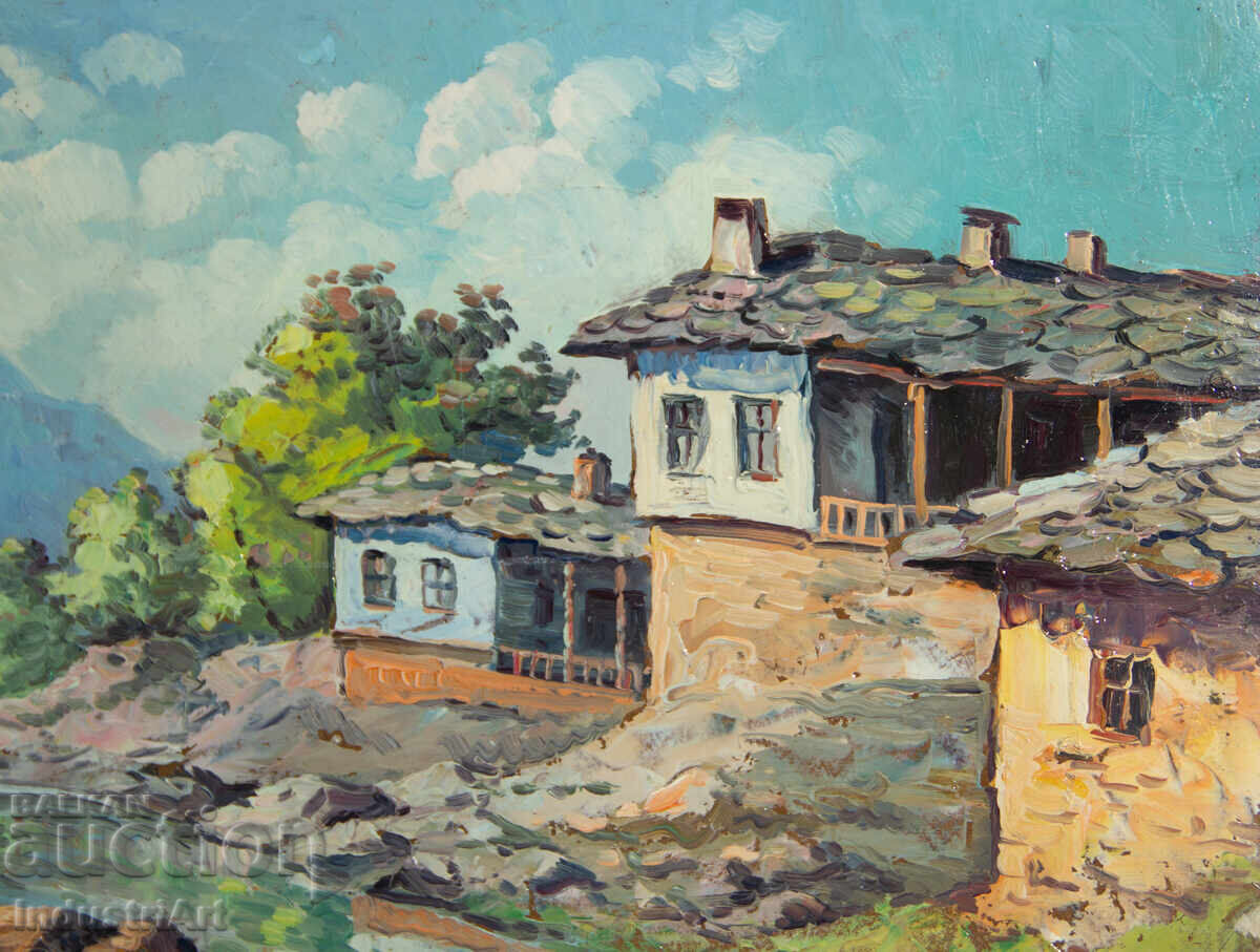 Παλιό μικρό ελαιογραφία, σκηνή καθημερινής ζωής, ανοιξιάτικο ποτάμι - 5