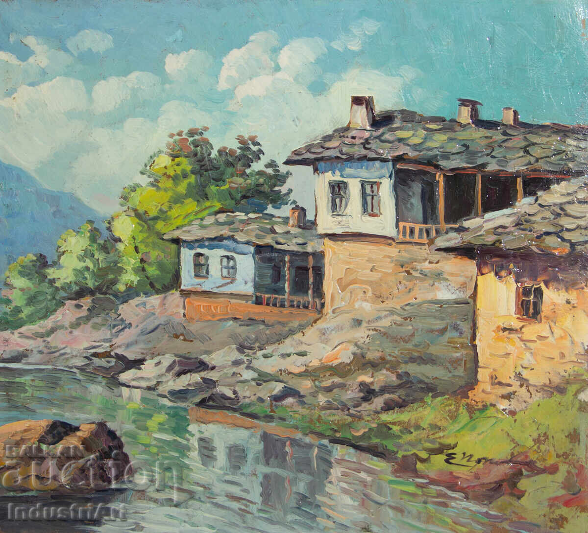 Παλιό μικρό ελαιογραφία, σκηνή καθημερινής ζωής, ανοιξιάτικο ποτάμι