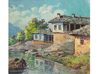 Old small oil painting, genre scene, spring river