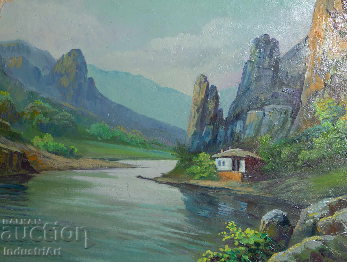 Παλιός ελαιογραφία ανοιξιάτικο ορεινό τοπίο