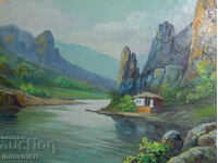 Old oil painting of a spring mountain landscape
