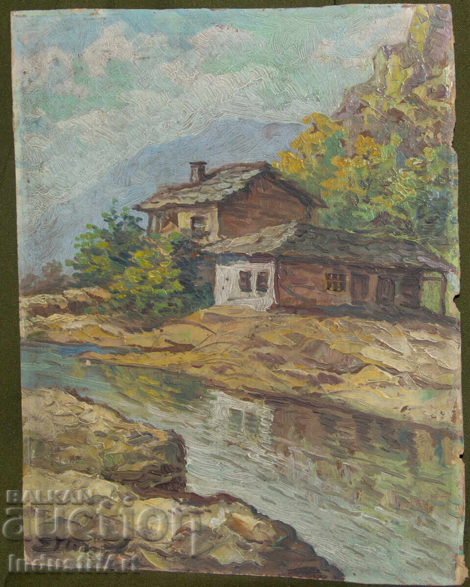 Παλιό μικρό ελαιογραφία, σκηνή καθημερινής ζωής, ορεινό ποτάμι με τιμή 160.00 BGN | € 81.81