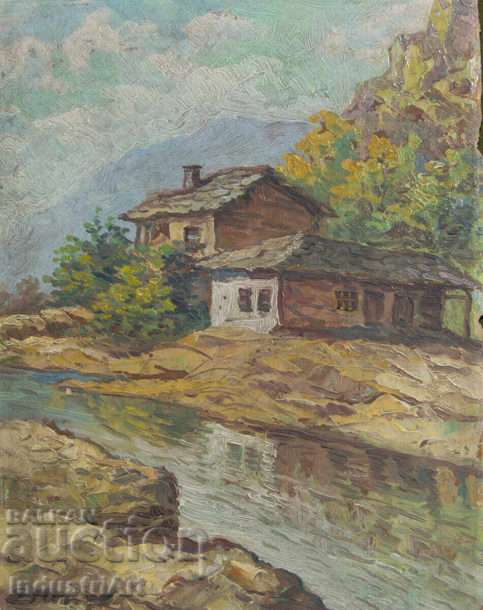 Δημοπρασία Παλιό μικρό ελαιογραφία, σκηνή καθημερινής ζωής, ορεινό ποτάμι