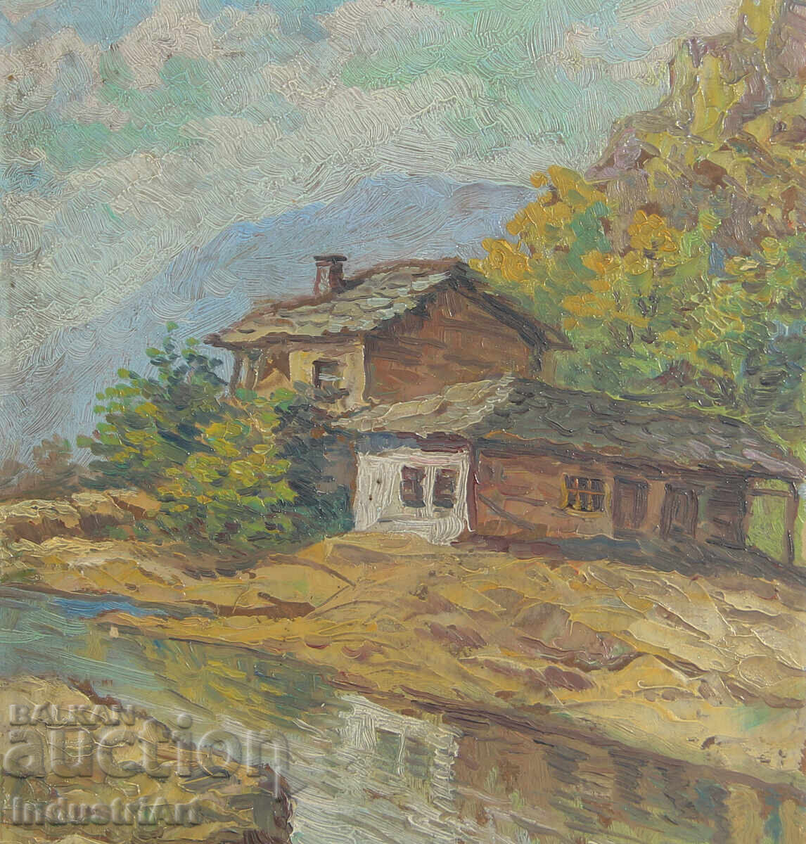 Παράδοση Παλιό μικρό ελαιογραφία, σκηνή καθημερινής ζωής, ορεινό ποτάμι