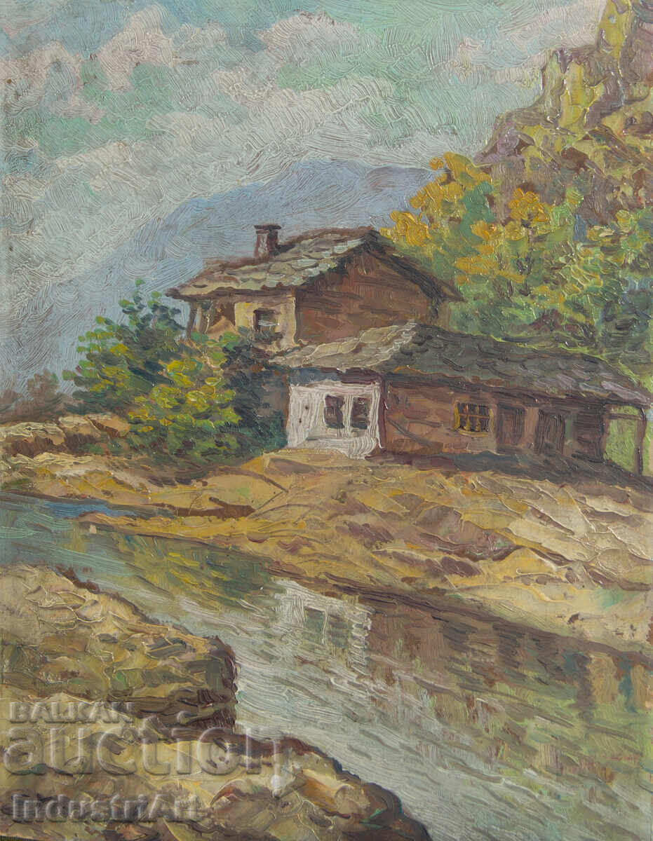 Παλιό μικρό ελαιογραφία, σκηνή καθημερινής ζωής, ορεινό ποτάμι - 5