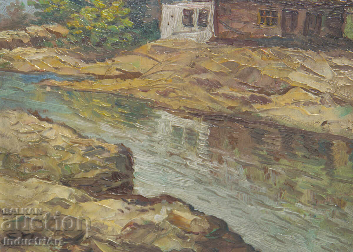 Παλιό μικρό ελαιογραφία, σκηνή καθημερινής ζωής, ορεινό ποτάμι - 6