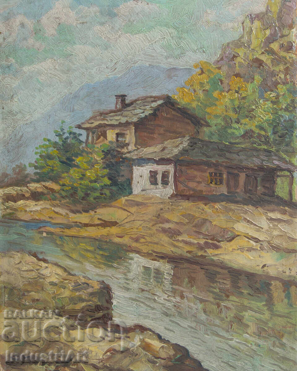 Παλιό μικρό ελαιογραφία, σκηνή καθημερινής ζωής, ορεινό ποτάμι