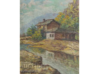 Old small oil painting, genre scene, mountain river