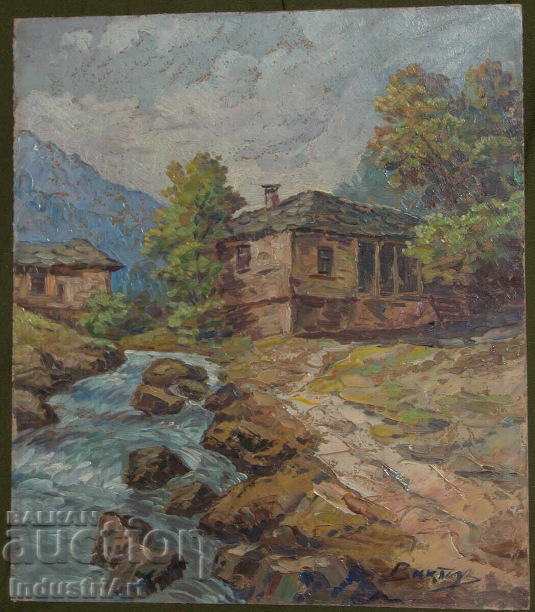 Παλιό μικρό ελαιογραφία, σκηνή καθημερινής ζωής, ορεινό ποτάμι με τιμή 170.00 BGN | € 86.92