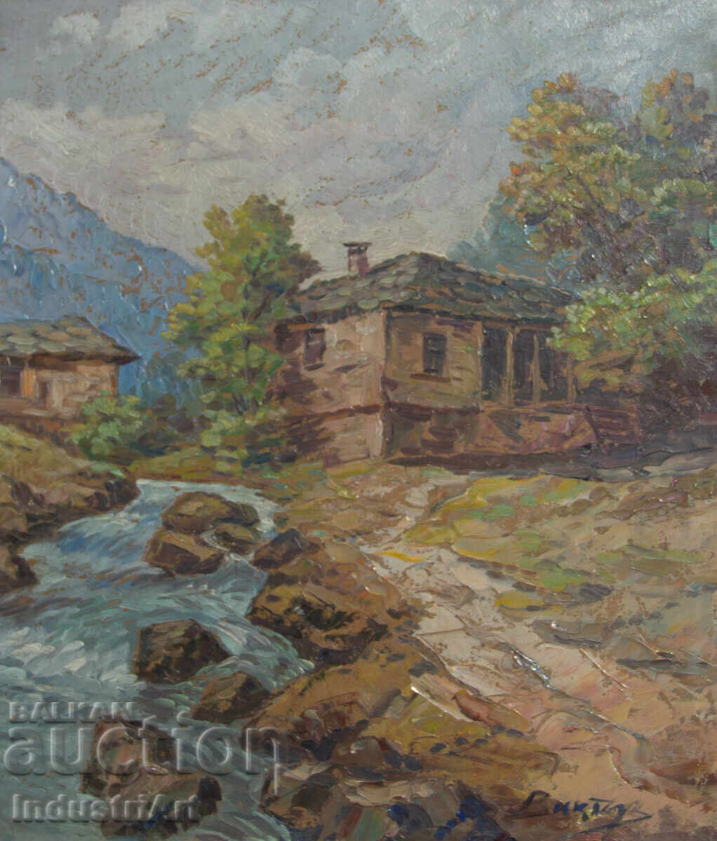 Δημοπρασία Παλιό μικρό ελαιογραφία, σκηνή καθημερινής ζωής, ορεινό ποτάμι