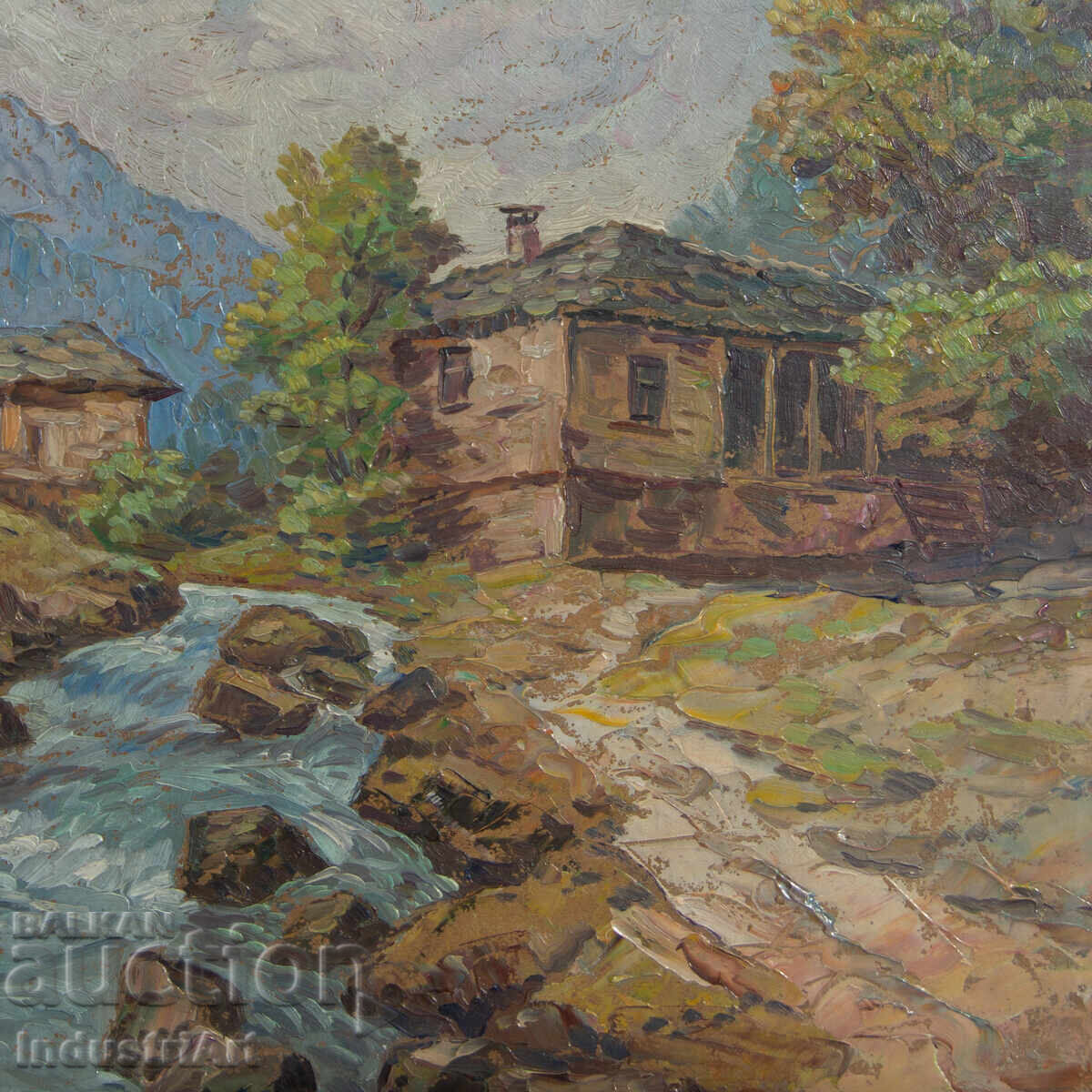 Παράδοση Παλιό μικρό ελαιογραφία, σκηνή καθημερινής ζωής, ορεινό ποτάμι