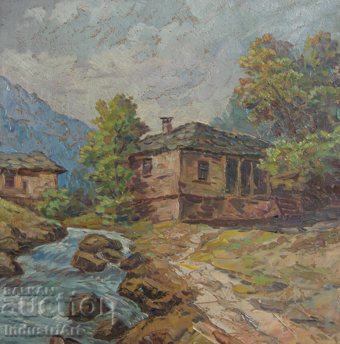 Παλιό μικρό ελαιογραφία, σκηνή καθημερινής ζωής, ορεινό ποτάμι - 5