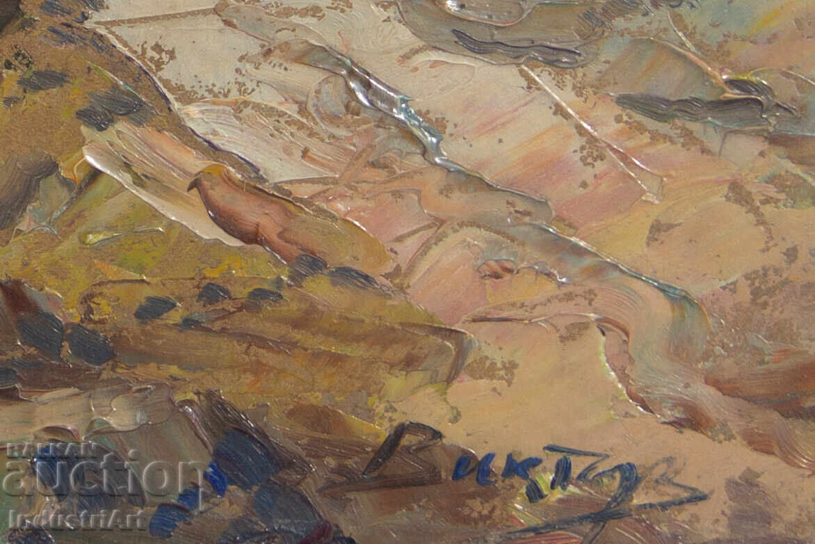 Παλιό μικρό ελαιογραφία, σκηνή καθημερινής ζωής, ορεινό ποτάμι - 6