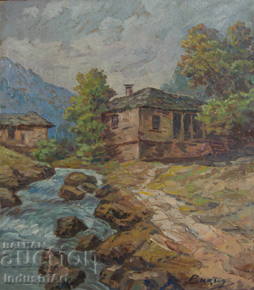 Παλιό μικρό ελαιογραφία, σκηνή καθημερινής ζωής, ορεινό ποτάμι