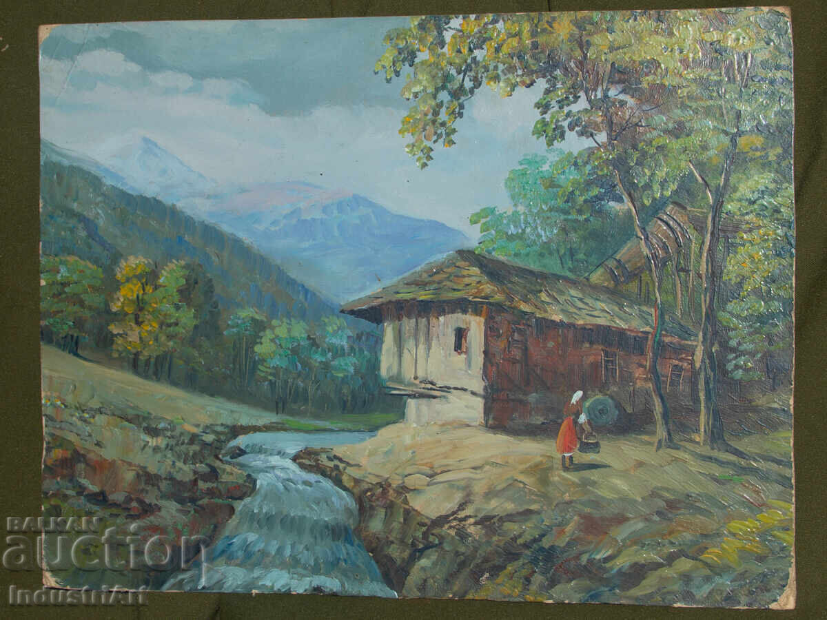 Παλιός ελαιογραφία, σκηνή της υπαίθρου, ορεινό ποτάμι με τιμή 200.00 BGN | € 102.26