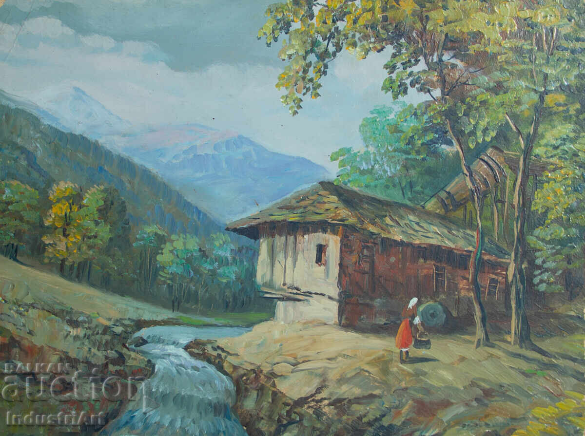 Δημοπρασία Παλιός ελαιογραφία, σκηνή της υπαίθρου, ορεινό ποτάμι
