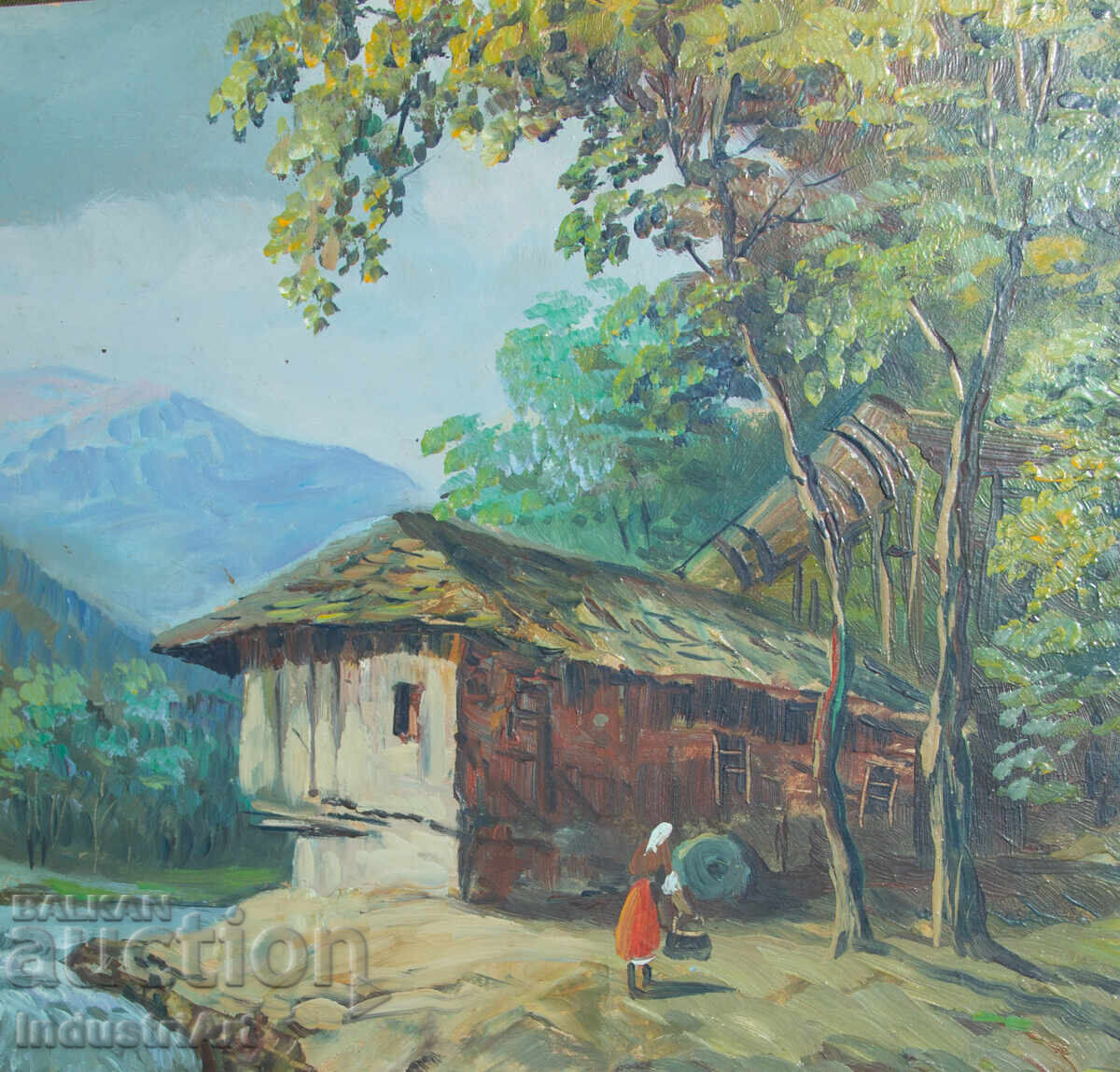 Παράδοση Παλιός ελαιογραφία, σκηνή της υπαίθρου, ορεινό ποτάμι