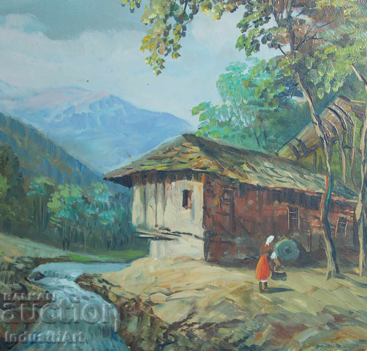 Παλιός ελαιογραφία, σκηνή της υπαίθρου, ορεινό ποτάμι - 5