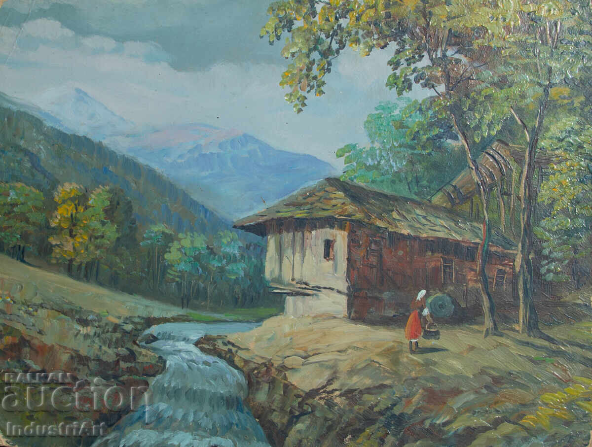 Παλιός ελαιογραφία, σκηνή της υπαίθρου, ορεινό ποτάμι